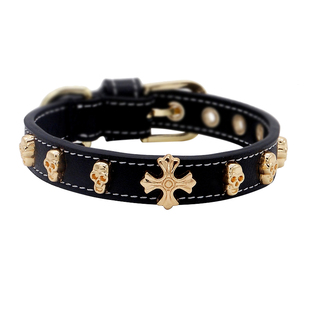 阿奇尔 克罗心十字花骷髅铆钉真皮宠物项圈猫狗颈圈