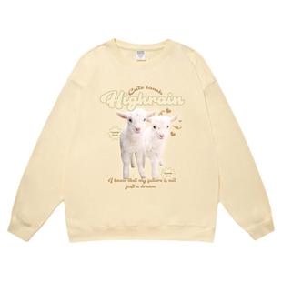小羊印花春秋圆领卫衣女慵懒风美式复古无帽奶黄色早春长袖上衣男