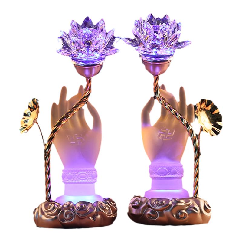 一对供佛LED七彩莲花灯佛供灯水晶长明灯插电供奉佛灯佛前观音灯