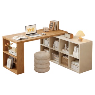 实木书桌家用学习桌原木奶油风女生卧室梳妆台斗柜一体拐角电脑桌