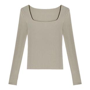 MULVAN 方领长袖针织t恤女秋冬修身显瘦内搭露锁骨百搭打底衫上衣