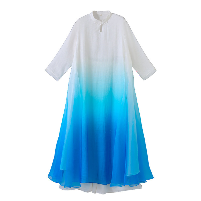 禅舞服苎麻女装渐变色高端仙女风练功服禅意大码新中式立领连衣裙