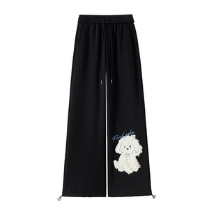 胖女童加绒立体小狗贴布阔腿裤女大童显瘦休闲长裤加厚高腰直筒裤