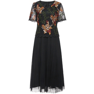 马天奴秋新款女黑底彩色套头百褶裙连衣裙纱裙长裙复古裙子时尚