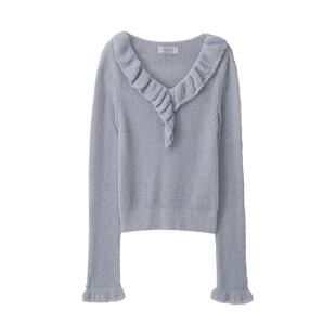 ROLAROLA春季羊毛V领长袖针织衫甜美清新木耳领毛衣女上衣