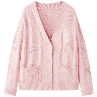乐町复古绞花宽松针织开衫春季粉色V领蜜蜂开衫外套