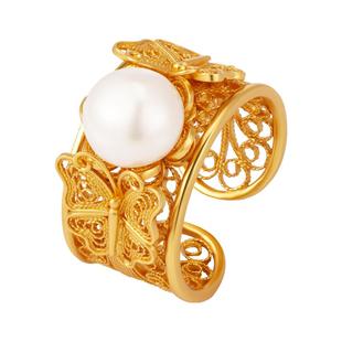 蝴蝶银戒指非遗花丝镂空镶嵌珍珠开口双蝶戏珠宫廷风纯银鎏金指环