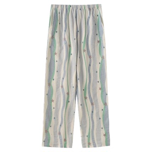 蓝色条纹多巴胺睡裤女士春夏季纯棉纱布薄款宽松双层长裤家居裤