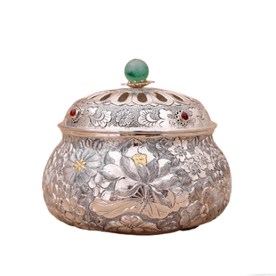 纯银时代 百花香贴金香薰炉手工香炉纯银999非遗杨松柱精致美学