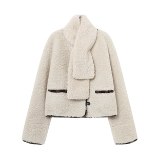 西町村屋韩系外套女装2025冬季新款格纹撞色上衣含围巾XHAD10867