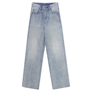 THESOONG/直筒牛仔裤女新款浅蓝色14.9安加厚水洗压皱长裤6940