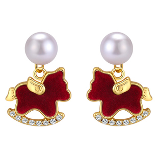 999纯银针新年红色丝绒小马珍珠耳环2026新年耳钉马年本命年耳饰