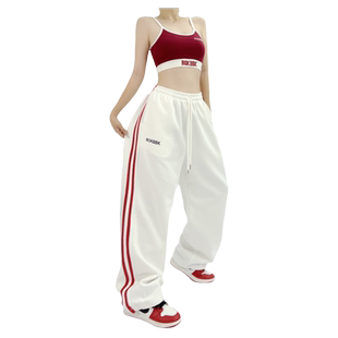 ROKBBK－K/布韩街舞hiphop运动裤红两条杠爵士舞jazz裤子女白长裤
