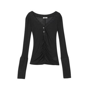 现货aespa柳智敏同款韩国BEDEVIL复古长袖T恤女秋V领显瘦辣妹上衣