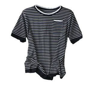 知性柔美~夏日清爽条纹单口袋小直筒显瘦短袖套头针织衫上衣女