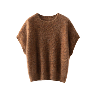 拉绒100%纯山羊绒衫短袖毛衣女圆领镂空落肩针织衫极简风套头背心