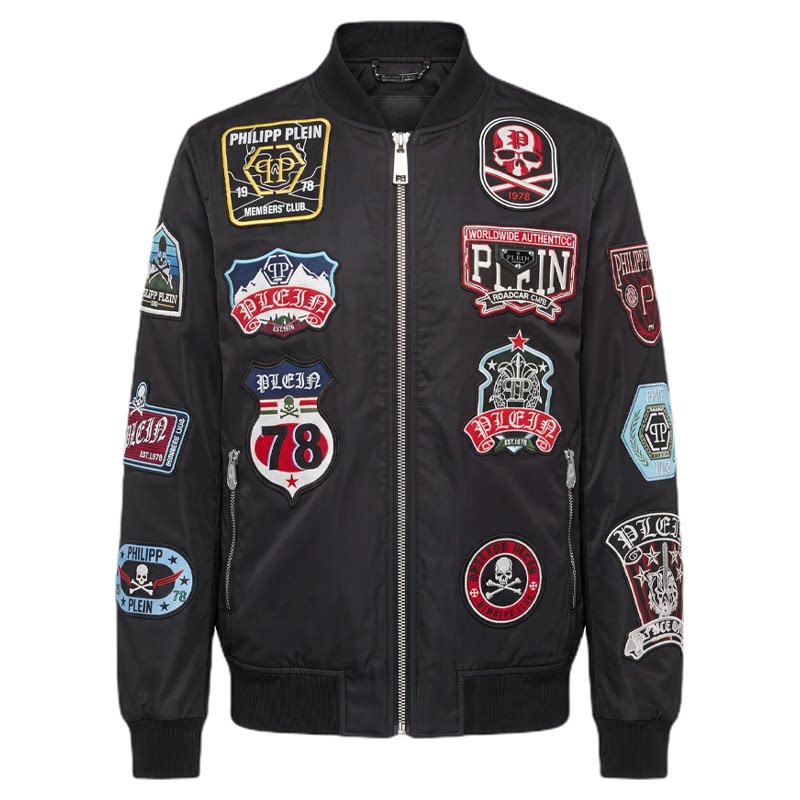 PHILIPP PLEIN 男士黑色棒球服夹克复古休闲徽章刺绣骷髅外套上衣
