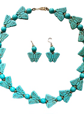 欧美风复古气质vintage做旧蓝色松石蝴蝶串珠项链手链耳环套装女