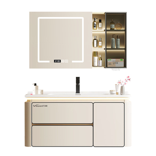 万和浴室柜陶瓷一体盆奶油风洗手盆柜组合洗脸盆柜洗漱台洗手台