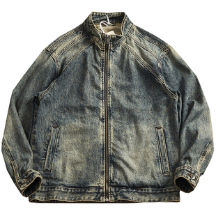 分割解构立领机车牛仔夹克外套男美式休闲砂洗做旧硬挺有型上衣服