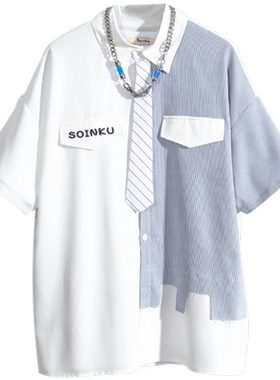 soinku潮牌拼接短袖衬衫男士夏季