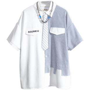 soinku夏季白色休闲短袖衬衫男ins潮流帅气青少年学生半袖衬衣服