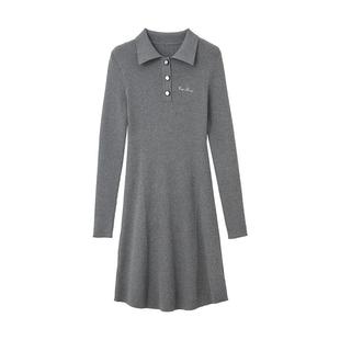 Amii2025夏新款通勤翻领半开襟字母绣花连衣裙女修身显瘦针织裙子