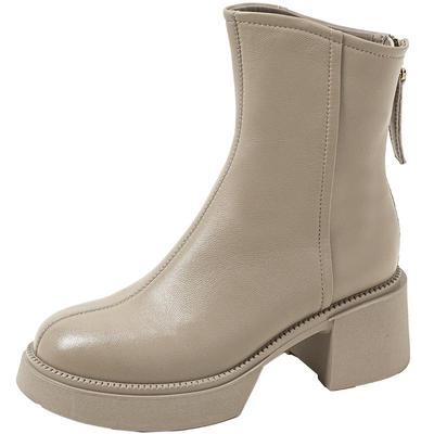 康莉百搭真皮粗跟短筒靴