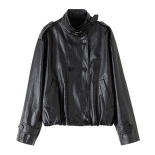 黑色PU皮衣短款外套女秋冬新款翻领夹克长袖上衣小个子短裙女套装