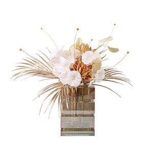 妖及新中式轻奢酒店花艺水晶花器组合样板间售楼部橙黄色花束摆件