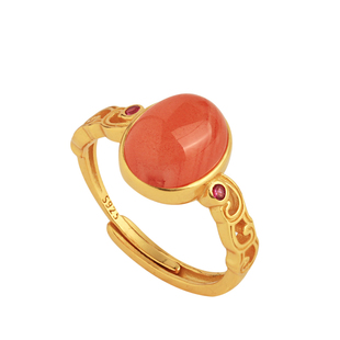 天然南红纯银蛋面戒指女红玛瑙红色新年过年金镶玉金包银宝石礼物