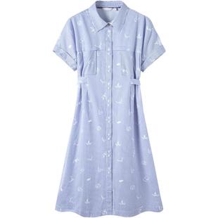 Navigare意大利小帆船纯棉短袖连衣裙女25夏季新款收腰条纹衬衫裙