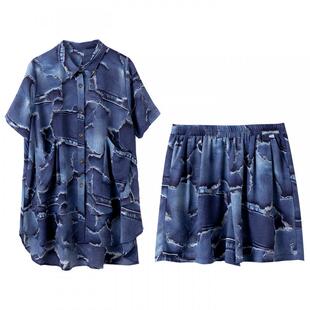 宝诗黎印花雪纺衫短裤套装女2026夏季洋气宽松百搭休闲大码两件套