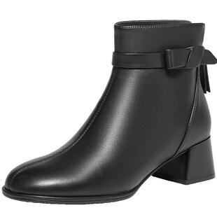 百丽女靴子新款超软羊皮粗高跟短靴加绒保暖黑色时装靴B9A1DDD4