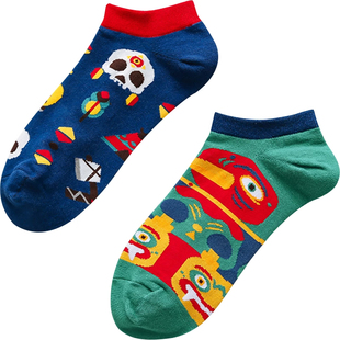 春秋薄款欧美男女中短筒花袜子船ab鸳鸯不对称运动百搭纯棉彩色潮