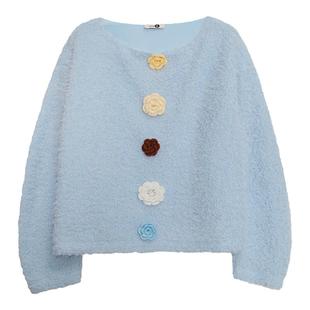 有耳uare原创设计 糯叽叽的花 立体手钩花奶fufu圈圈毛圆领毛衣