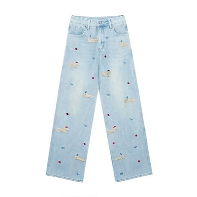 腊肠狗刺绣宽松直筒牛仔裤女2025新款加绒加厚高腰显瘦阔腿长裤子