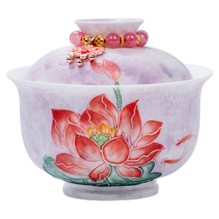 宏逐堆料手绘荷花盖碗茶杯女士个人专用陶瓷泡茶器家用不烫手茶碗