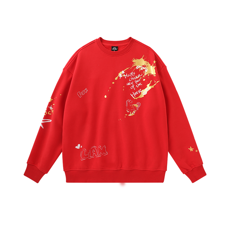 LAMLICKA潮牌烫金红色圆领套头卫衣男秋冬加绒重磅宽松长袖上衣女