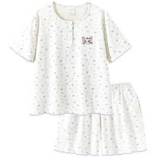 Pinksea纯棉睡衣薄款夏季女士带胸垫家居服可外穿碎花短袖套装女