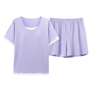 莫代尔睡衣女夏季自带胸垫一体短袖短裤夏天女生可外穿家居服套装