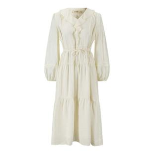 DTLANDO春季女装柔美荷叶边连衣裙收腰长袖设计师品牌长款裙子