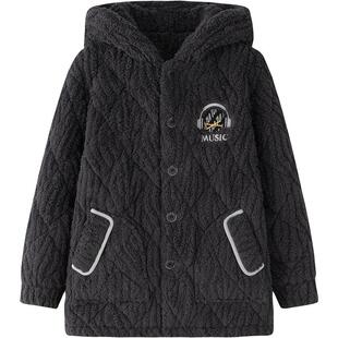 男士睡衣单件上衣加厚冬季加绒珊瑚绒保暖三层加棉大码夹棉袄外穿