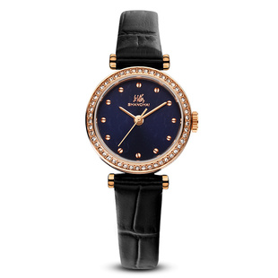 上海手表摩登系列小玉兰复古玲珑锆石壳黑带石英表女优雅小巧女表