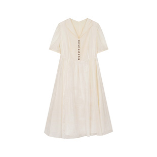 一城画一夏季百搭高腰时尚通勤复古短袖V领中款连衣裙