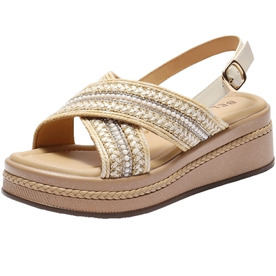 百丽运动凉鞋女鞋小星芒夏季新款厚底法式编织休闲鞋子B2640BL5