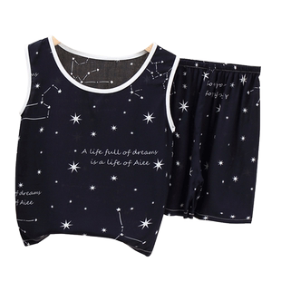 棉绸儿童睡衣夏季薄款背心套装男童夏装绵绸男孩人造棉夏天家居服