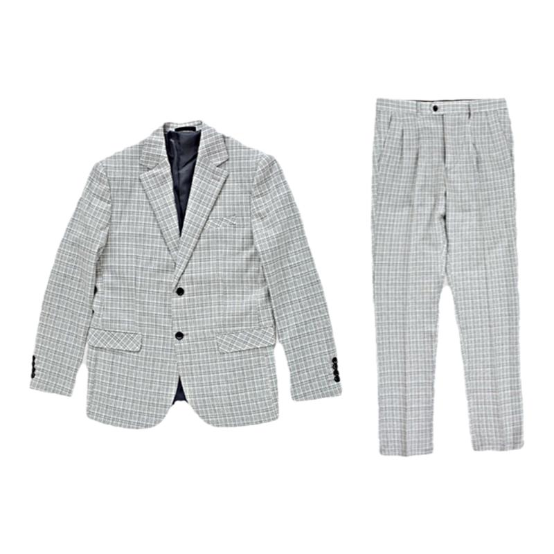 韩版格子修身春夏秋聚会灰白西服