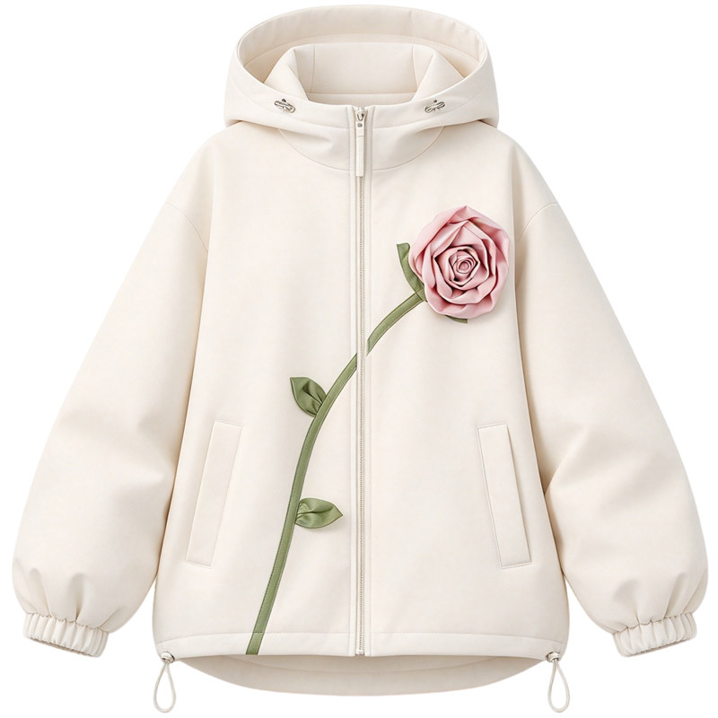 KEIKO立体花朵白色短款羽绒服