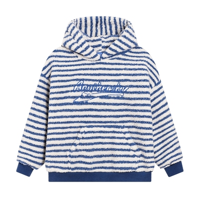 韩范条纹摇粒绒加厚宽松连帽卫衣